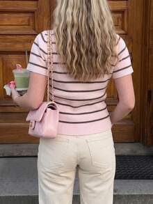 Women's Pink Striped Short Sleeve Cardigan Sweater With Buttons, Preppy Style Spring Knit Top - Pink - View 5