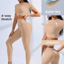 Sovereign Charm Seamless High Stretch Raglan Sleeve Sports Set Workout Women Set Women Workout Set Women Leggings Set Gym Women Outfit - Caqui - Ver 1