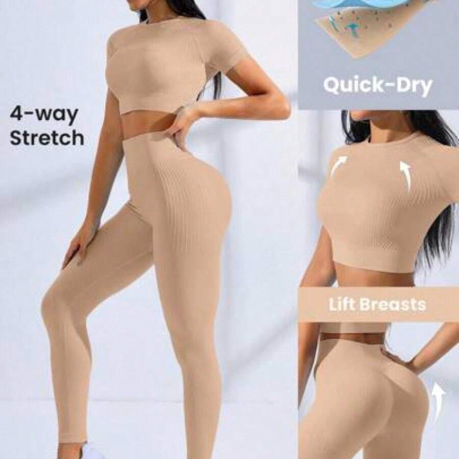 Sovereign Charm Seamless High Stretch Raglan Sleeve Sports Set Workout Women Set Women Workout Set Women Leggings Set Gym Women Outfit - Caqui - Ver 1