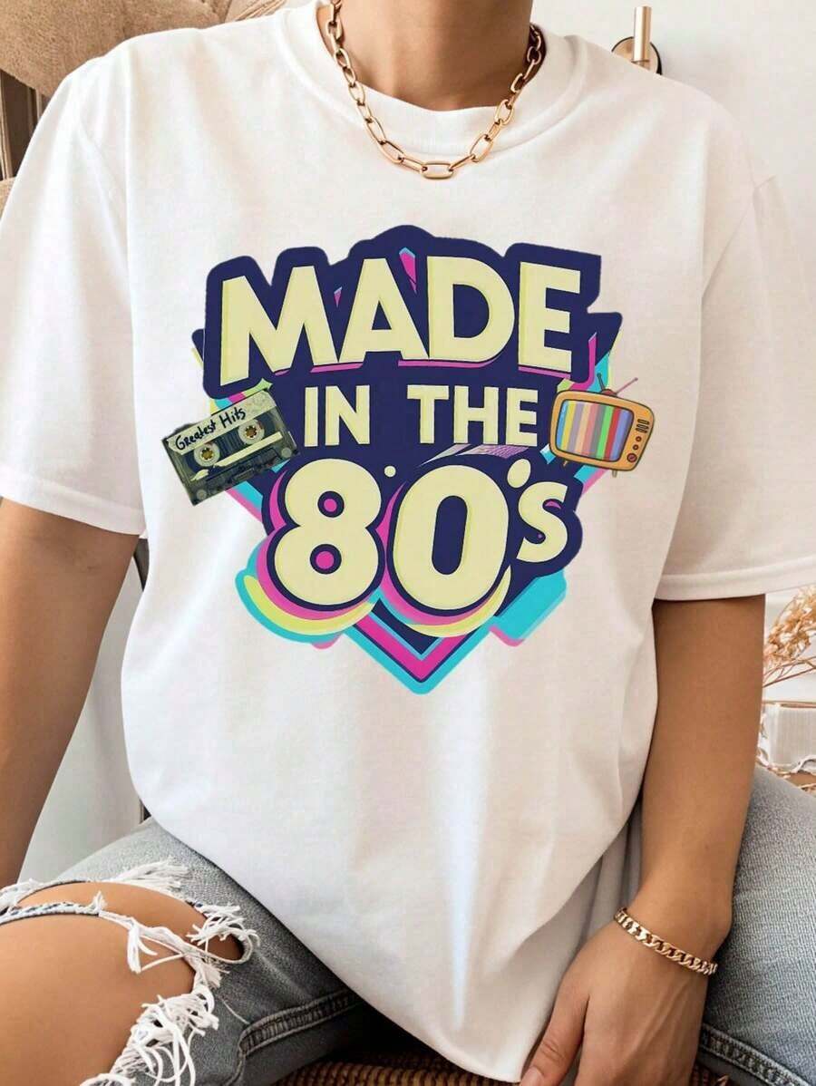 Women's Clothing Retro T-Shirt Made In The 80s For Women, Vintage Graphic Tee Fashion 80s, Unisex Casual Top, Nostalgic Party Clothes, Birthday And Anniversary Gift, Women's Shirts - 白色 - 查看 1