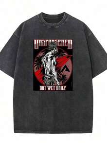 % Cotton, Oversized Black T-Shirt Weighing 230g, With A Washed Design, Featuring Anime Characters And The Phrase UNFORGIVEN BUT WET DAILY; A Stylish Graphic T-Shirt, Perfect For Everyday Wear, Suitable For All Seasons, Unisex Style, Urban Style, Versatile, Stylish, Street Style, Unique Design. - 黑色 - 查看 2