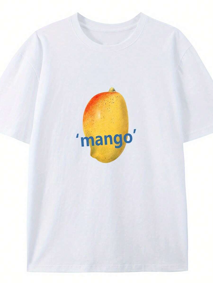 Great Mango! Round Neck T-Shirt With Creative Design, Fashionable Short Sleeves For Summer, Casual Top For Everyday Style - [白色的] - 查看 1