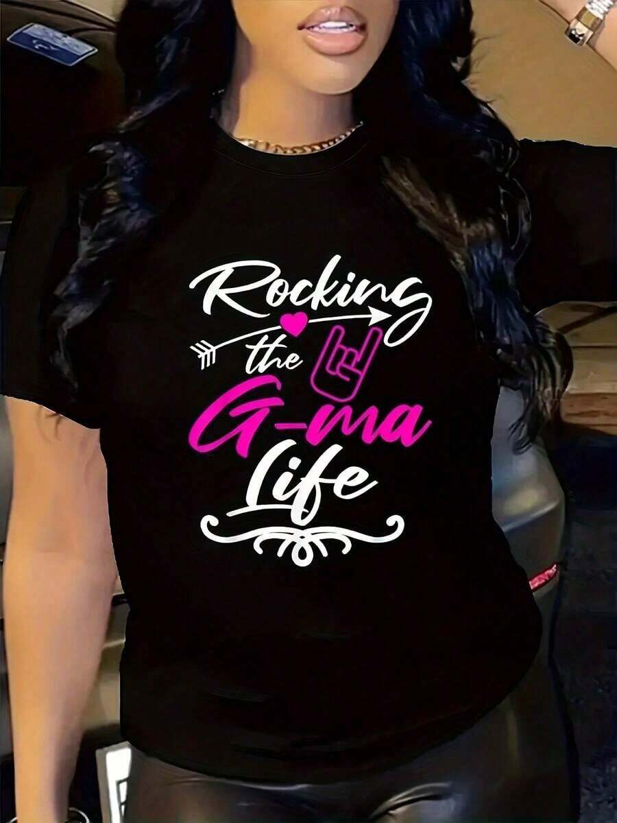 Women's Graphic T-Shirt "Rocking The G-Ma Life" - 200g Soft Casual T-Shirt With Black And Pink Letter Print, Contrast Design, Crew Neck, Machine Washable, All-Season Comfort, Women's T-Shirts, Women's Blouses > Clothing - 黑色 - 查看 1