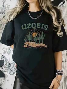 1 Women's Creative Print T-Shirt, Suitable For All Seasons, Simple, Casual, Comfortable, Soft, For Fitness, Daily Outdoor Activities, Versatile And Fashionable Style, Breathable, Round Neck And Short Sleeve, 180g. Summer Tops, Printed T-Shirts For Women, Women's Beachwear For Summer - 黑色 - 查看 1
