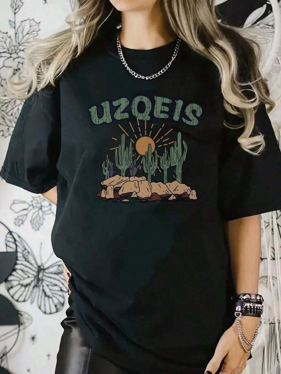 1 Women's Creative Print T-Shirt, Suitable For All Seasons, Simple, Casual, Comfortable, Soft, For Fitness, Daily Outdoor Activities, Versatile And Fashionable Style, Breathable, Round Neck And Short Sleeve, 180g. Summer Tops, Printed T-Shirts For Women, Women's Beachwear For Summer - 黑色 - 查看 1