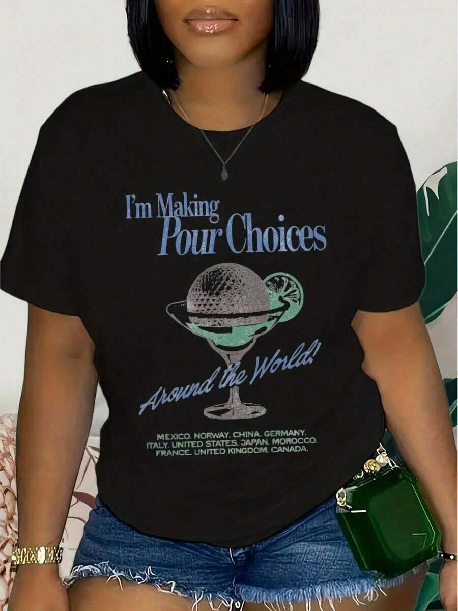 Women's Retro Cotton Epcot I'm Making Pour Choices Around The World T-Shirt, Epcot T-Shirt, Epcot World Tour T-Shirt, Gift For Her, Women's Basic Blouses - 黑色 - 查看 1