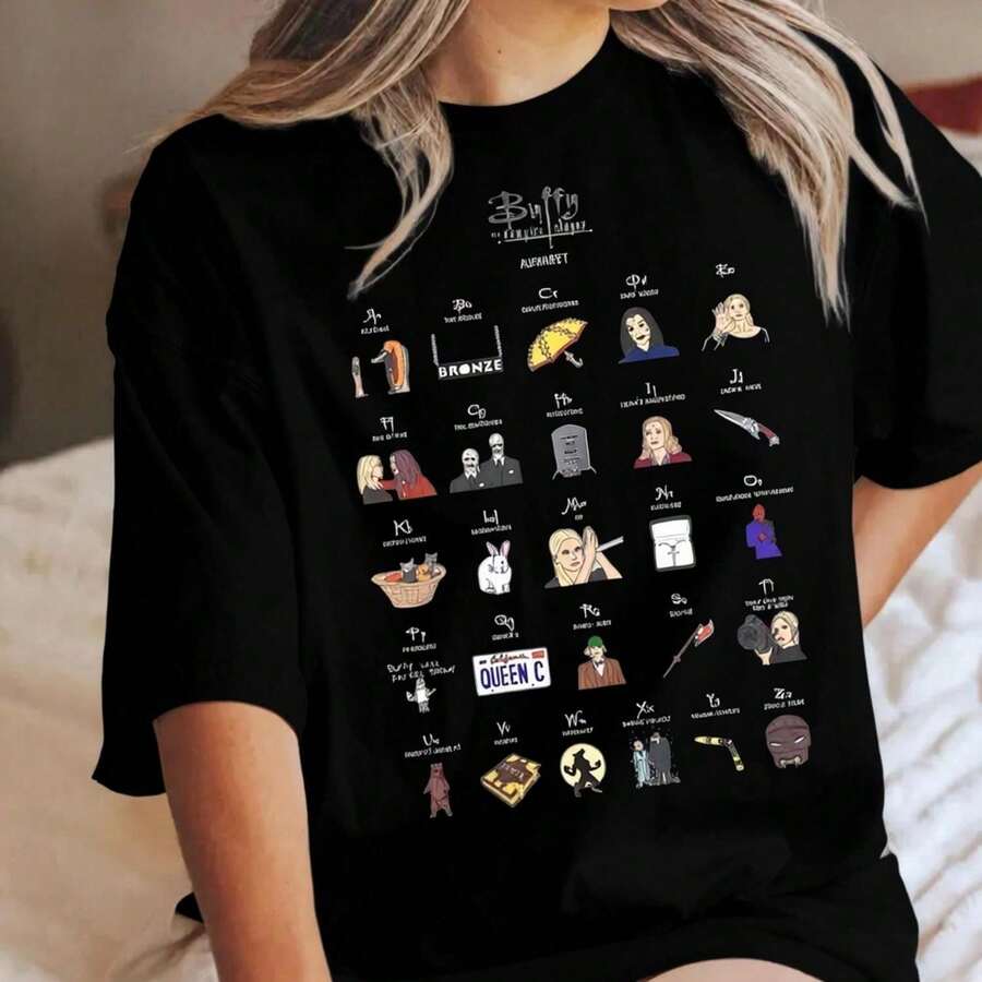 Buffy Alphabet T-Shirt Vampire Slayer Tee, Sunnydale High - Black - View 1