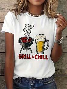 Men's T-Shirt Women's T-Shirt With Beer Print "Grill & Chill" - Short Sleeve, Round Neck, Casual Style With Beer Mug Design, Loose Fit Blouse Suitable For Summer, Spring, BBQ Parties And Casual Outfits - Machine Washable, Not A Cotton T-Shirt - 白色 - 查看 6