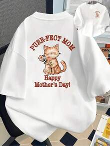 New 180g Short-Sleeved T-Shirt, 1% Cotton, With Front And Back Print - Cat Mom, Mother's Day - Fashionable Printed T-Shirt For Women, Short-Sleeved, Suitable For All Seasons,  Clothing - Can Be Worn As A Base Layer In Spring And Autumn Or Alone In Summer, Unisex. - 白色 - 查看 7
