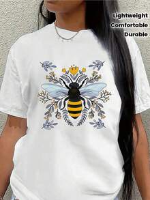 Lightweight And Durable Short-Sleeved T-Shirt With A Bee And Flower Design, Ideal For Casual Wear At Home, In Cafes Or Outdoors, Offering A Comfortable Fit For Everyday Use. - 白色 - 查看 1