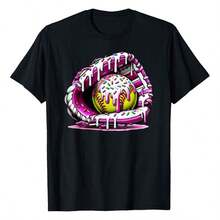 Mexican Softball T-Shirt With Popcorn And Softball Glove Print, Comfortable And Breathable Women's T-Shirts Ideal For Summer, Fashionable Summer Cotton T-Shirt - 黑色 - 查看 1