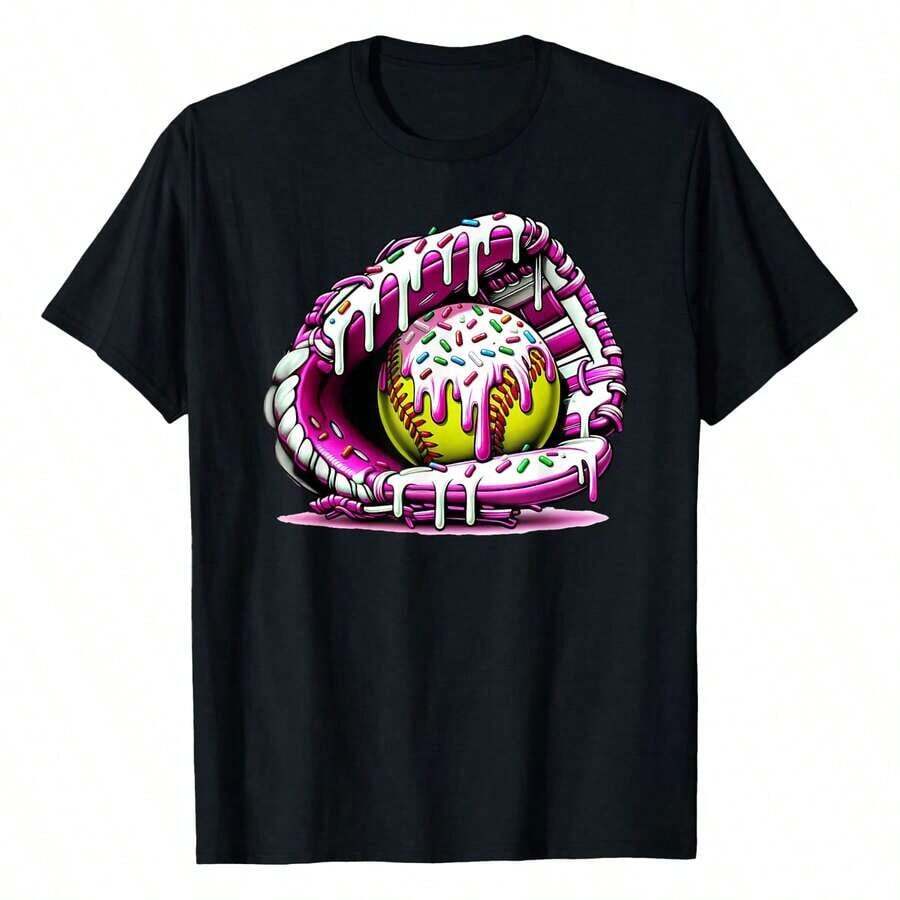 Mexican Softball T-Shirt With Popcorn And Softball Glove Print, Comfortable And Breathable Women's T-Shirts Ideal For Summer, Fashionable Summer Cotton T-Shirt - 黑色 - 查看 1