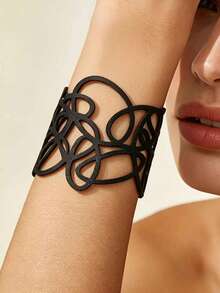 1pc Hollow Exquisite Black Double Layer PU Leather Jewelry Personalized Elegant Daily Commute Arm Accessory Fashion Gothic Geometric Bracelet - Black - View 6