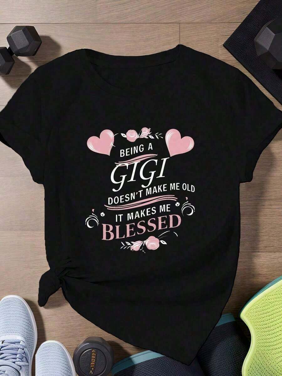 Women's Plus Size Mexican Graphic T-Shirt, 1 Piece, With 'Being A Gigi Makes Me Easter Earth Day' Print, Pink Hearts And Floral Print, Casual Short Sleeve T-Shirt, Machine Washable, Durable, For Spring, Summer And Autumn, Seasonal Fashion, 200GSM, Summer Fashion Cotton T-Shirt - 黑色 - 查看 1
