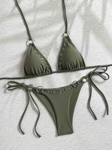 Đồ bơi bikini nữ phong cách Bohemian, họa tiết hình học & hoa nhiệt đới, buộc trước, dễ thương thanh lịch gợi cảm, mặc thường ngày cho kỳ nghỉ hè - Màu xám đen - Xem 2