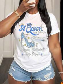 A Queen Was Born In February, "Happy Birthday To Me" T-Shirt, Birthday Gift For Her, February 2024 Birthday T-Shirt, Queen Crown And Heel Design For Women, 220g - Vintage Urban Style, Unisex Loose Fit Short Sleeve Crew Neck Cotton T-Shirt, 100% Pure Cotton - 白色 - 查看 7