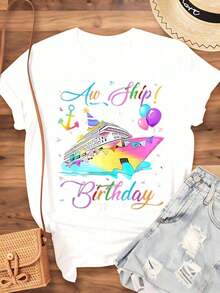 Aw Ship It's My Birthday Trip Women's Cruise T-Shirt, Summer Holiday Party Tee, Funny Birthday Gift For Travel Lovers, 220g - Urban Vintage Style, Unisex Loose Cotton Short Sleeve Crew Neck T-Shirt, 100% Pure Cotton. - 白色 - 查看 4