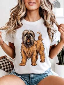 Women's Briard Dog Graphic Print T-Shirt, Artistic Pet Portrait T-Shirt For Dog Lovers, Casual Animal Themed Top - 白色 - 查看 1