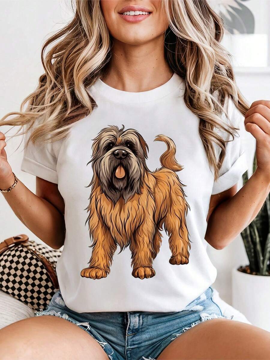 Women's Briard Dog Graphic Print T-Shirt, Artistic Pet Portrait T-Shirt For Dog Lovers, Casual Animal Themed Top - 白色 - 查看 1