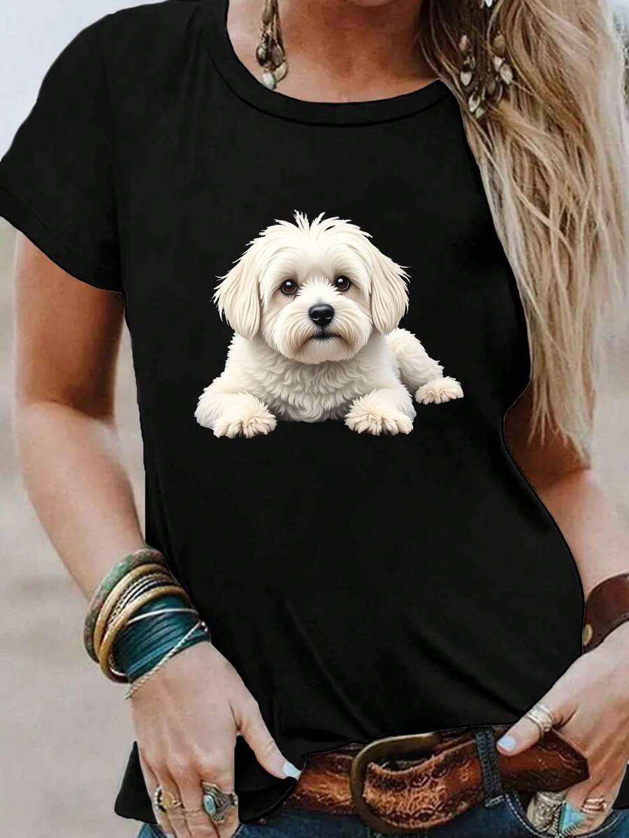 Camiseta casual de manga corta y cuello redondo con estampado maltés, para primavera y verano, diseñpara mujer - Negro - Ver 1