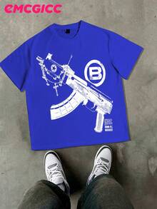 Men's Cute Unisex Premium Casual T-Shirts EMCIGCC Y2k Style (220 Pure Cotton T-Shirt) With Fun Retro Graphic Print, Hip Hop, Summer T-Shirts For Men, Crew Neck, Short Sleeve, Casual T-Shirt, Summer Urban Sports Style For Men - 藍色 - 查看 1