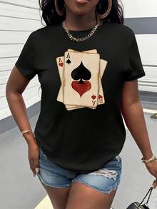 Poker Card Print T-Shirt, Short Sleeves And Round Neck, Women's Clothing, Retro Vintage Style, Versatile And Casual, Suitable For Everyday Wear, Parties, Dates, Birthday Gift. - 黑色 - 查看 1