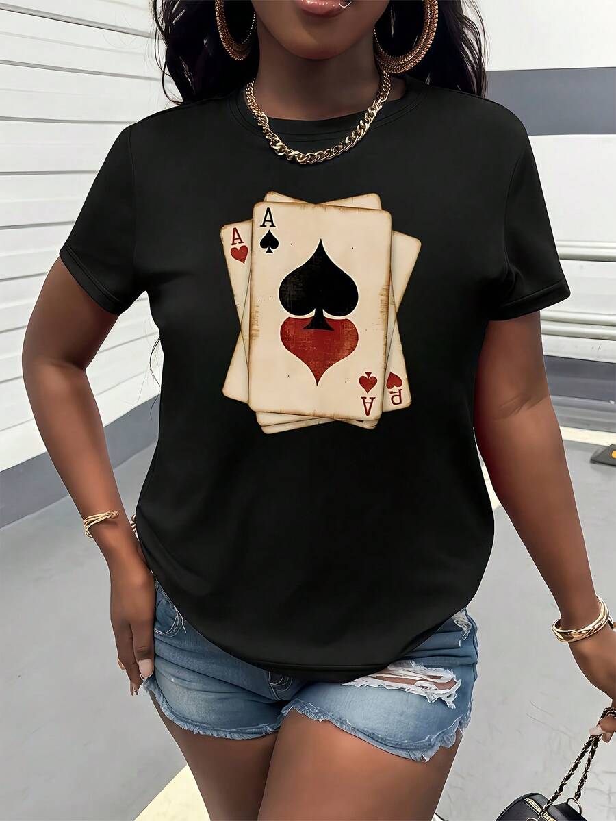 Poker Card Print T-Shirt, Short Sleeves And Round Neck, Women's Clothing, Retro Vintage Style, Versatile And Casual, Suitable For Everyday Wear, Parties, Dates, Birthday Gift. - 黑色 - 查看 1