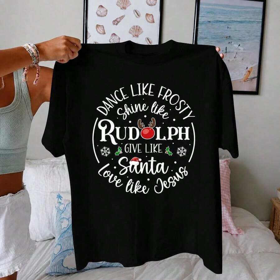 Gift - Short-Sleeved T-Shirt With Christmas-Themed Letter Print, Oversized Round Neck, Casual Women's Clothing, Suitable For Summer And Spring, Soft. - 黑色 - 查看 1