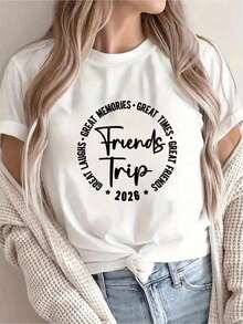 Under The Radar [New Arrival Recommendation] Women's Casual Travel Souvenir Print T-Shirt, Short Sleeve Crew Neck, Spring/Summer, Machine Washable, Versatile For Going Out, Slimming Effect, Sporty-Vintage Street Style Unisex Loose Cotton Short Sleeve Crew Neck T-Shirt - 白色 - 查看 1