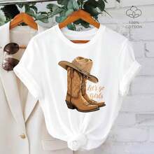 Women's Graphic Tee With Boots And Cowboy Hat - 100% Cotton, Short Sleeve, Crew Neck, 'Let's Go Girls' Print, Casual Loose Fit, Soft - 白色 - 查看 1