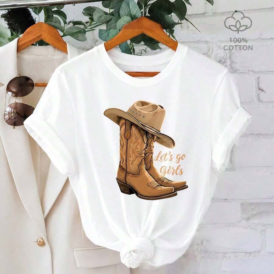 Women's Graphic Tee With Boots And Cowboy Hat - 100% Cotton, Short Sleeve, Crew Neck, 'Let's Go Girls' Print, Casual Loose Fit, Soft - 白色 - 查看 1