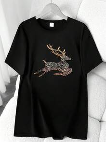 T-Shirt With A Golden Deer Print. Available In 6 Colors, Short Sleeves, Round Neck, High-Stretch Casual Sports Top. Machine Washable. Basic T-Shirt For Spring And Summer. Suitable For All Seasons. Women's Clothing. Elegant Party Outfit, T-Shirt For Stylish Ladies, Blouses Suitable For Curvy Women, Casual Wear, Cool And Breathable Summer Wear, Fun Letter Print. - 黑色 - 查看 6