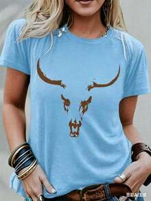 Playera Con Diseño Bullhead, Estilo Bohemio Y Cowgirl, Ideal Para Festivales, Tela Suave De Algodón Puro, Camiseta Casual De Moda Para Hombre Y Mujer - Azul - Ver 10