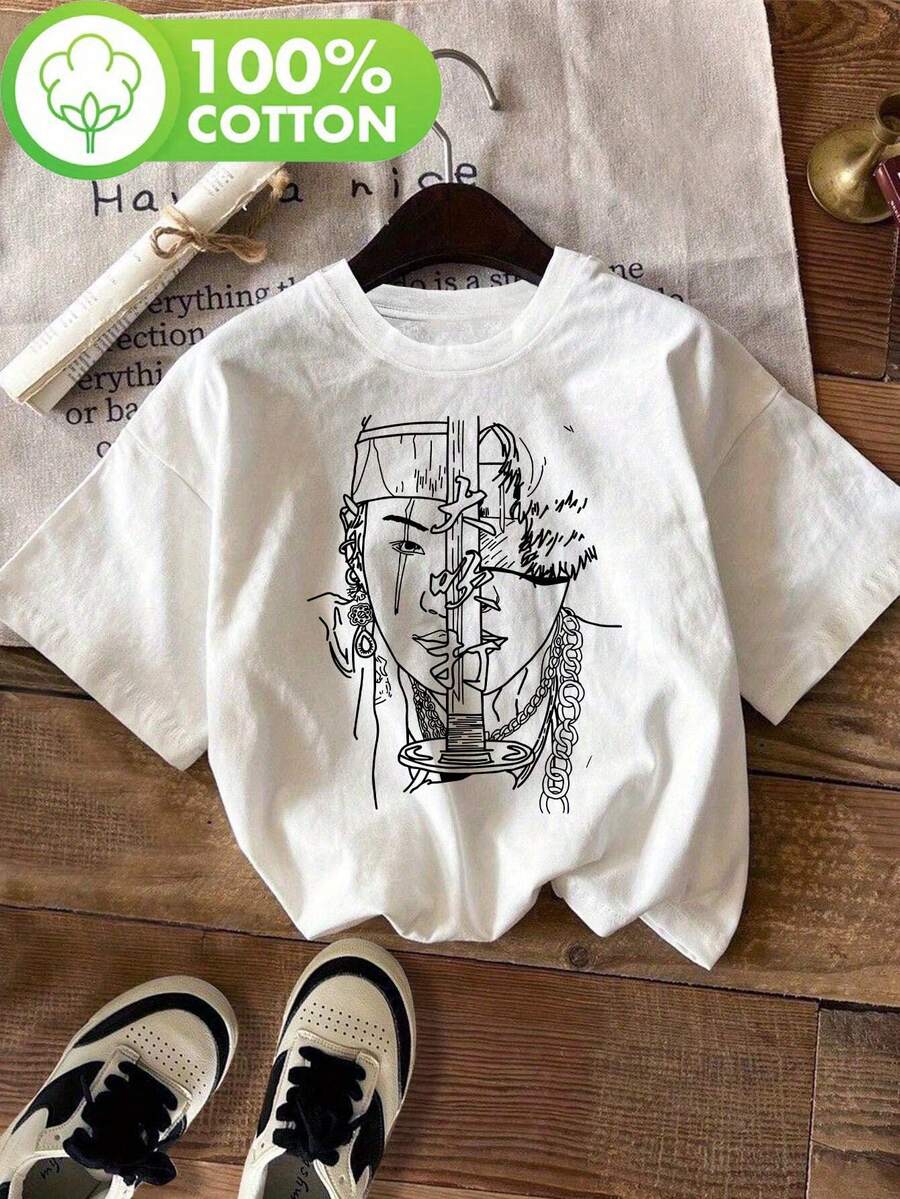 AGUST Women's White Printed T-Shirt - Casual Short Sleeve Crew Neck T-Shirt, Black Line Art Design, Breathable And Machine Washable, Spring/Summer T-Shirt For Women, Durable Fabric Shirt, Blouses For Women. - 白色 - 查看 1
