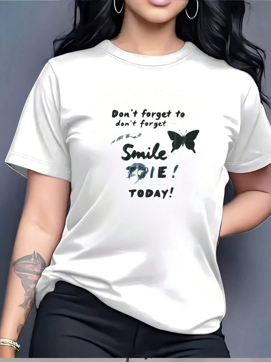 Smile-Today Women's 180g T-Shirt - Butterfly Print T-Shirt, Perfect For Family Outings, Team Building Activities And Holiday Gifts - Choose Happiness This Christmas - 白色 - 查看 1