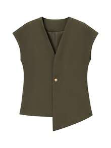 Women's Dress Vest, Sleeveless Design With V-Neck And Front Button Closure, Fitted Sack-Style Cut, Available In Various Solid Colors (Beige, Burgundy, Olive Green, Brown, Black), Faux Wool Fabric With A Fluid Drape, Elegant And Professional Style Ideal For Office, Work And Formal Spring And Autumn Events. - 綠色 - 查看 1