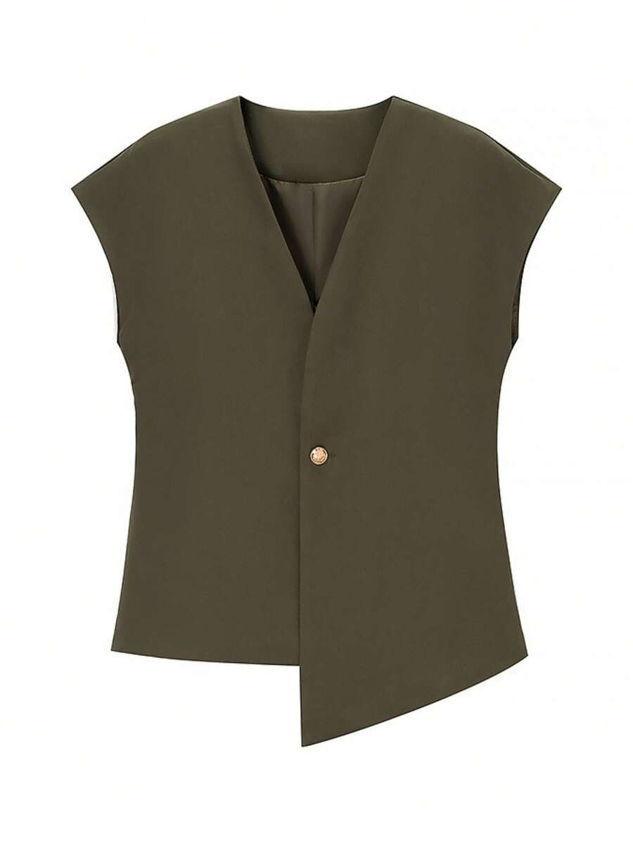 Women's Dress Vest, Sleeveless Design With V-Neck And Front Button Closure, Fitted Sack-Style Cut, Available In Various Solid Colors (Beige, Burgundy, Olive Green, Brown, Black), Faux Wool Fabric With A Fluid Drape, Elegant And Professional Style Ideal For Office, Work And Formal Spring And Autumn Events. - 綠色 - 查看 1