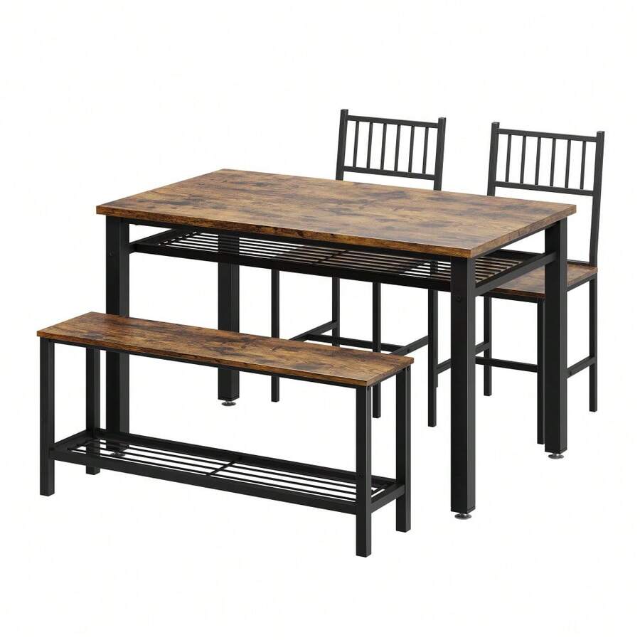 Conjunto de comedor compacto para 4 personas - Mesa de cocina moderna con 2 sillas y banco, estante de almacenamiento y estructura metálica - Perfecto para comedores, apartamentos o espacios pequeños - Marrón Chocolate - Ver 1