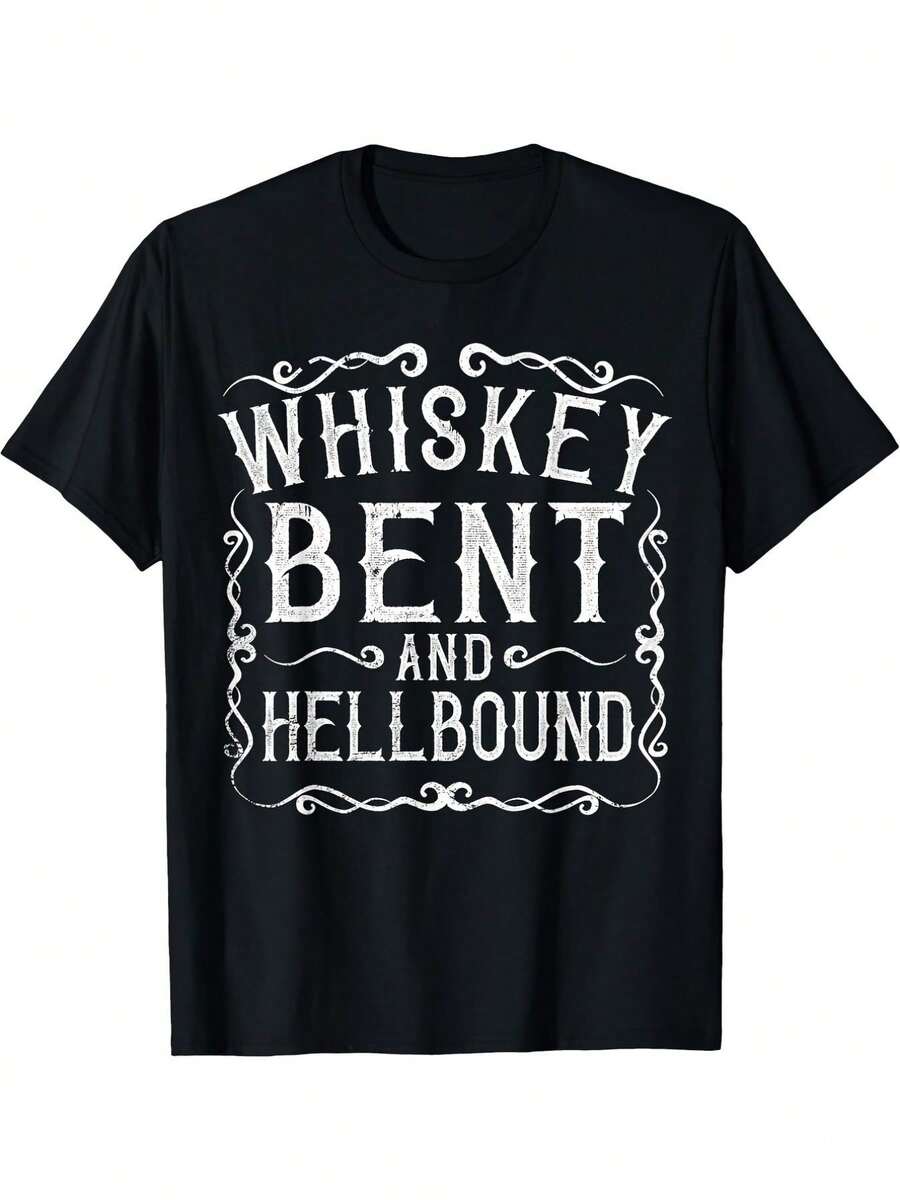 Camiseta Estampada para Mujer - Camiseta Casual Negra de Manga Corta y Cuello Redondo con Diseño Vintage de Texto de Whisky, Corte Relajado para Todas las Estaciones, Perfecta para Uso Diario y Atuendos de Vacaciones (Lavable aáquina). - Negro - Ver 1