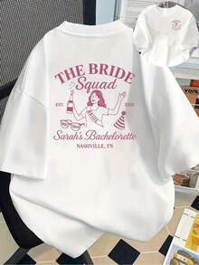| Exquisite Design | Loose And Comfortable | Easy To Match | Casual Short Sleeve T-Shirt With Round Neck And "Bachelorette Party, Bachelorette Squad" Print - Women's Clothing For Spring And Summer - 白色 - 查看 8