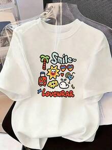 Summer Cartoon T-Shirt With "Smile~" Text, Fashionable Short-Sleeved T-Shirt For Spring And Summer 2026, Made In Mexico, 180 Grams. Cartoon Print, Couple Design, Suitable For Indoor Or Outdoor Wear. Crew Neck, Unisex, Ideal For Office And Leisure. One-Pack. - WH-P631577SLNDXZGY595 - 查看 2