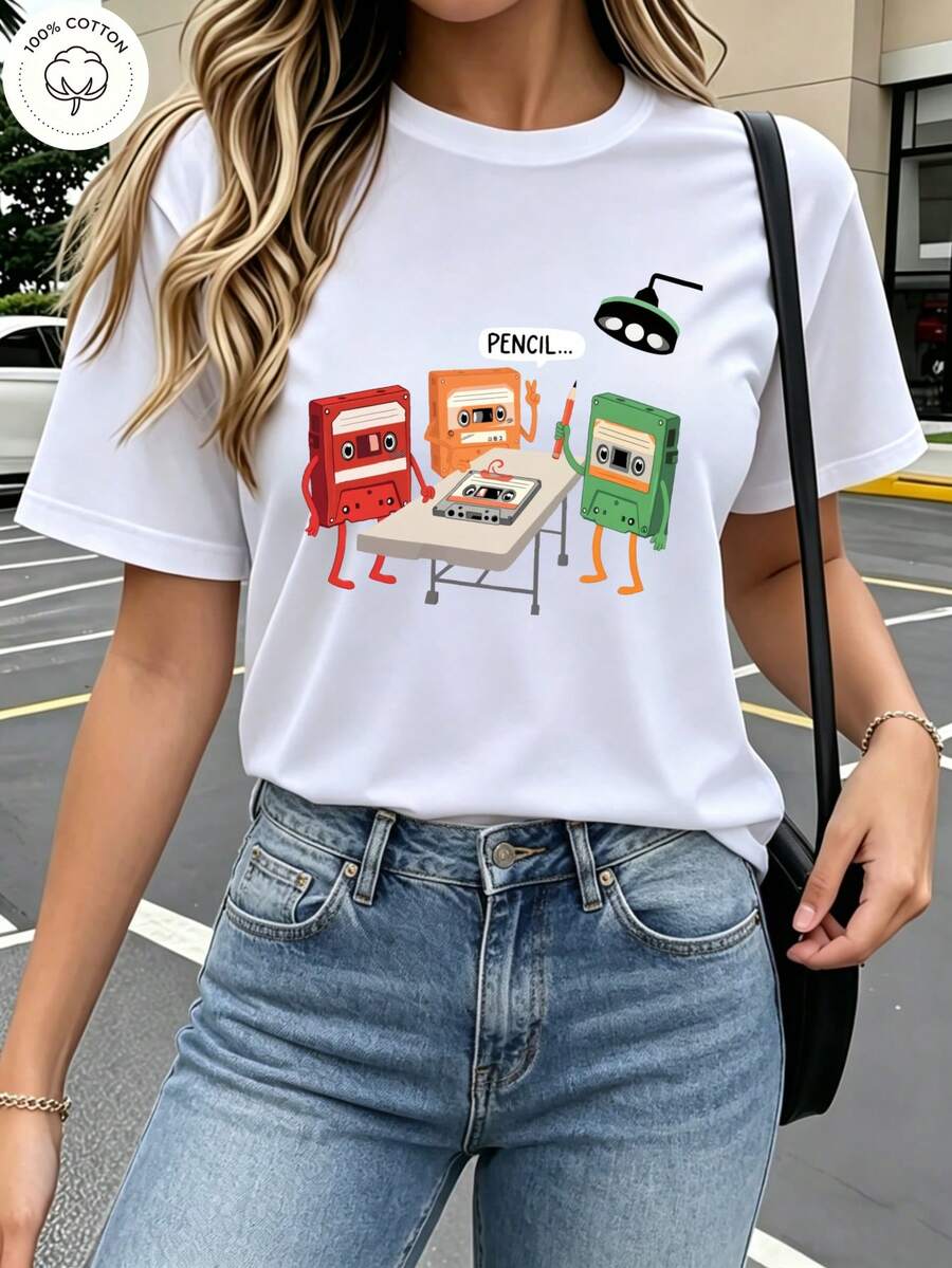 Women's Colorful Pencil Print T-Shirt - Casual Short Sleeve Crew Neck T-Shirt, Fun Cartoon Style Design On White Background, Relaxed Fit For All Seasons, Perfect For Daily Wear And Holiday Outfits (Machine Washable). - 白色 - 查看 1