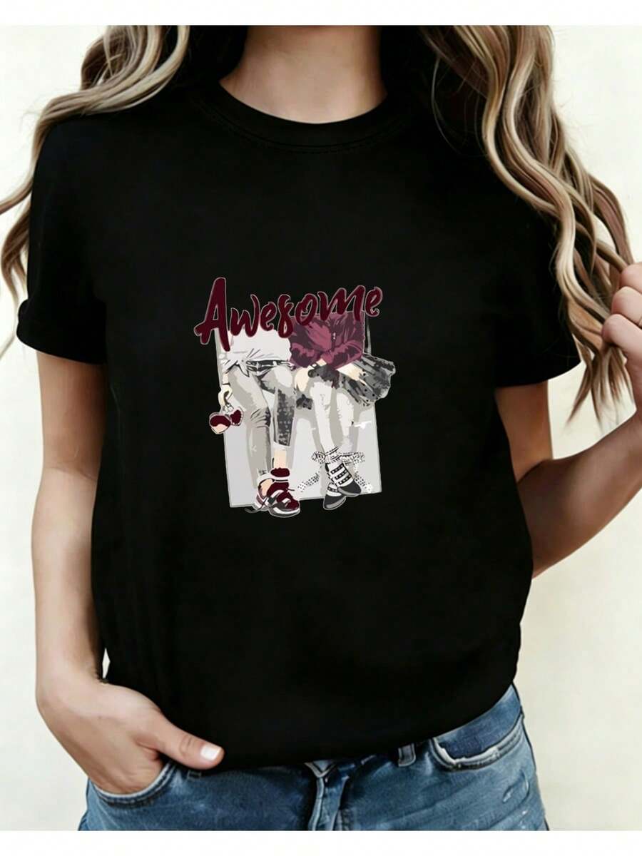 Women's Casual Sports T-Shirt In Black With Welcome Graphic In Red And White - Elastic Round Neck T-Shirt, Machine Washable, Comfortable Fit And Perfect For All Seasons, For Day Wear And Casual Occasions. - 黑色 - 查看 1