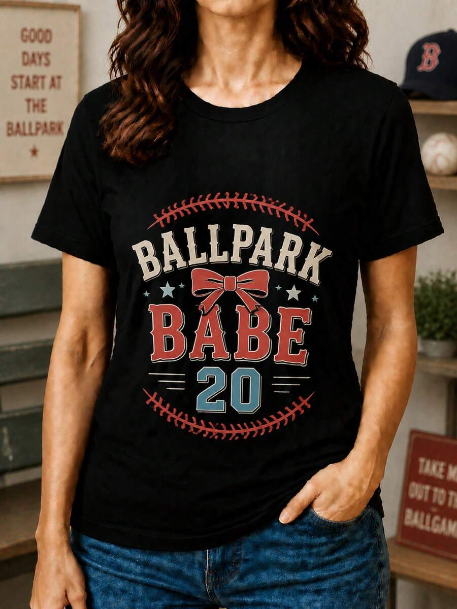 BALLPARK BOW BABE 20 Women's Casual Sports T-Shirt - Black Round Neck T-Shirt, Elastic And Machine Washable, With Comfortable Fit For All Seasons, Perfect For A Casual Style And Sports Fans. - 黑色 - 查看 1