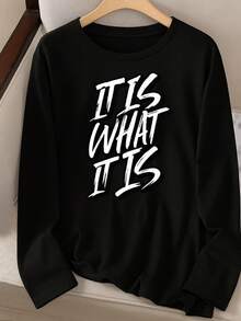 Camiseta Estampada para Mujer - Sudadera Negra de Manga Larga con Texto en Pinceladas Audaces, Camiseta Casual de Cuello Redondo y Corte Relajado, para Todas las Estaciones, Perfecta para Uso Diario y Atuendos de Vacaciones (Lavable aáquina). - Negro - Ver 6