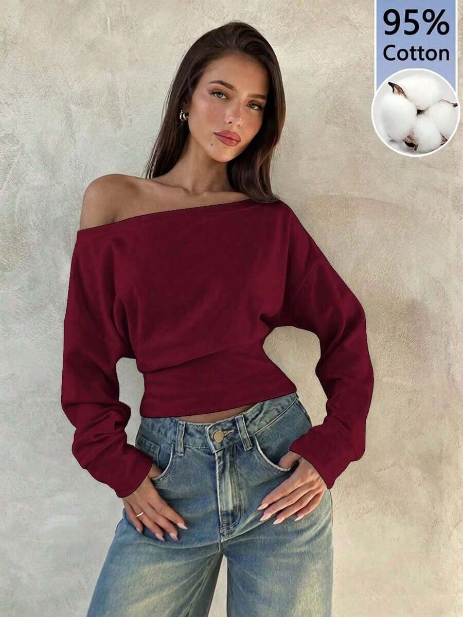 Blusa Asimétrica de Hombro de Manga Larga de 95% Algodón Tejido, Blusa Versátil Negra, Armario de Otoño; Simple, Elegante; Cómoda, Chic. - Rojo violeta - Ver 1