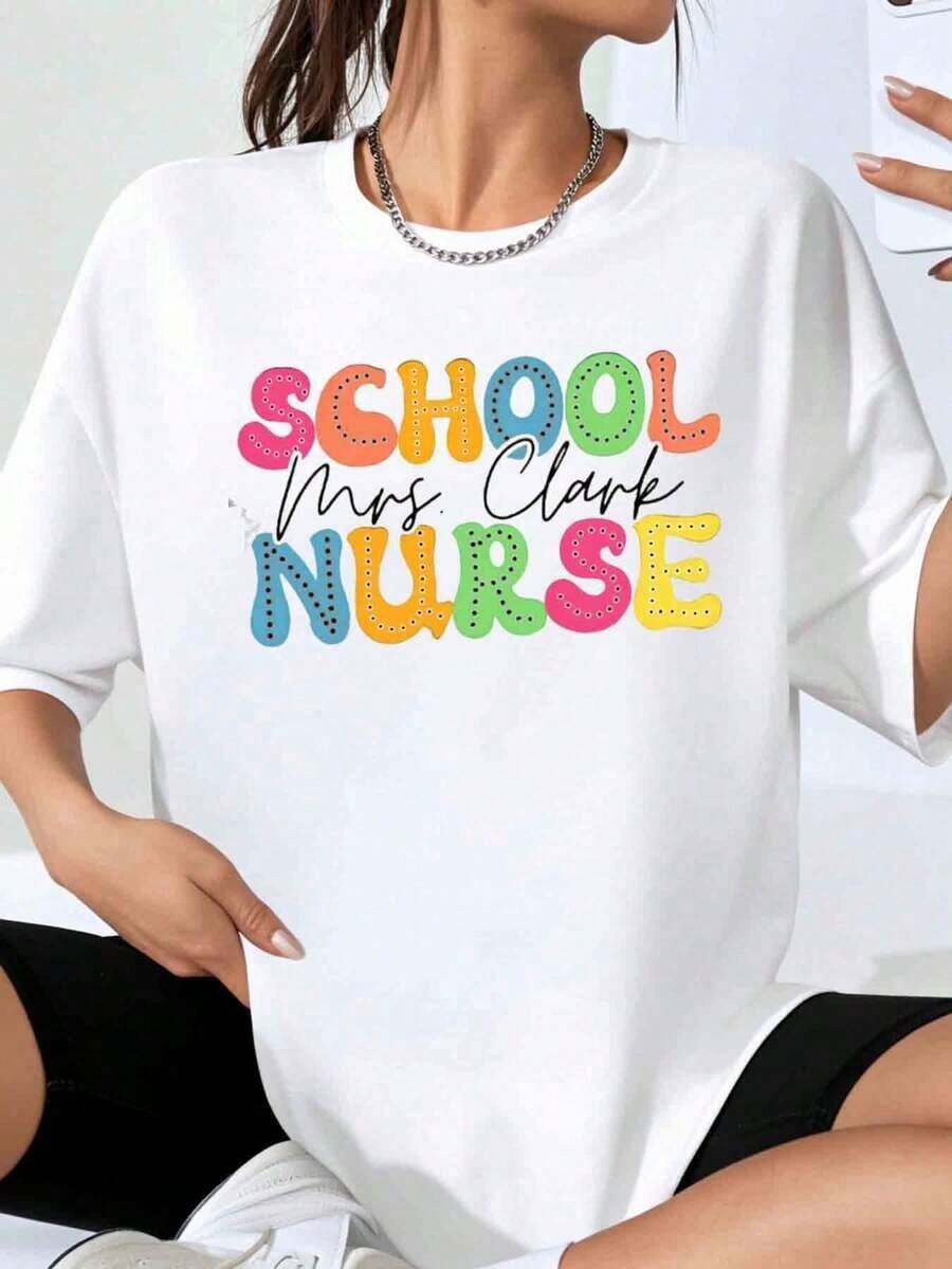 Personalized T-Shirt With Name For Women, Colorful Print, Cute, Plus Size, Gift For School Staff, Work Uniform - White - View 1