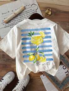 Women's Fresh Summer Tops, Double-Sided Lemon And Mint Striped Print, Cotton Short Sleeve Crew Neck Festival T-Shirt [LongK] - 白色 - 查看 3