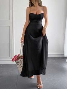 New Spring-Summer Maxi Dress For Women, Casual Holiday Style, Thin Straps, Fitted Cut, Flattering Design, Cool, Perfect For Vacation, Beach, Walks And Day Looks - 黑色 - 查看 2