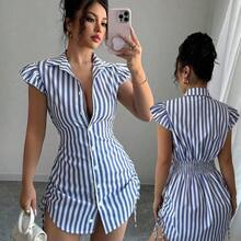 Vestido camisa elegante de vacaciones con mangas acampanadas, cintura fruncida y rayas azules - Amarillo - Ver 2